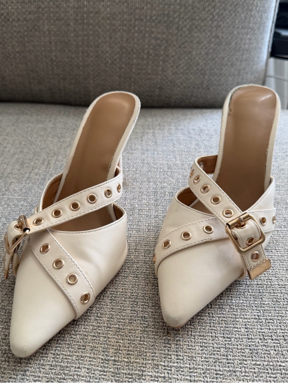Cream Pointed-Toe Buckle Mule Heels - Picture 2 of 10